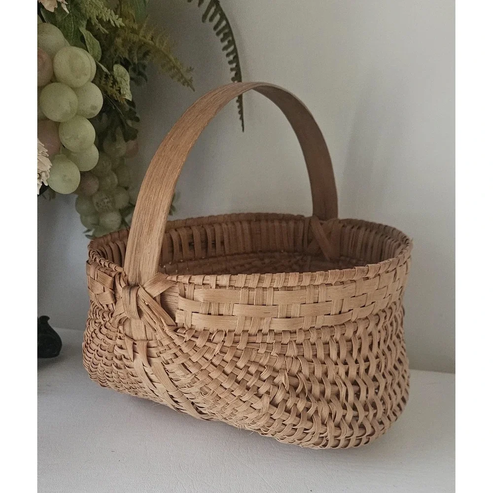 Antique Hand-Woven Gathering Basket Bentwood Handle 9